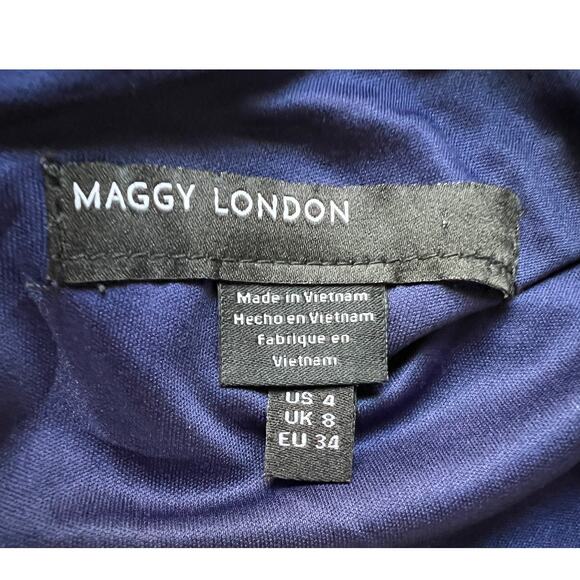 Maggy London Dress V-Neck Midi Back Zip Dark Blue Green Dot Career Work Size 4 - Picture 3 of 13
